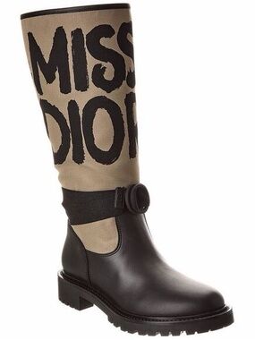 Dior Black Leather & Beige Canvas Knee Boots with 'Miss Dior' Print